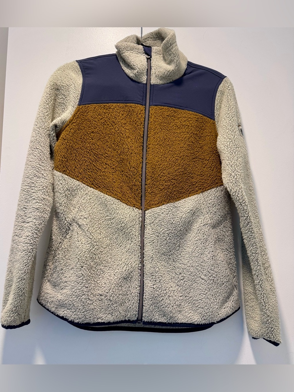 KÜHL Women’s Sherpa Fleece Full Zip Jacket Colorblock Cream Brown Navy S